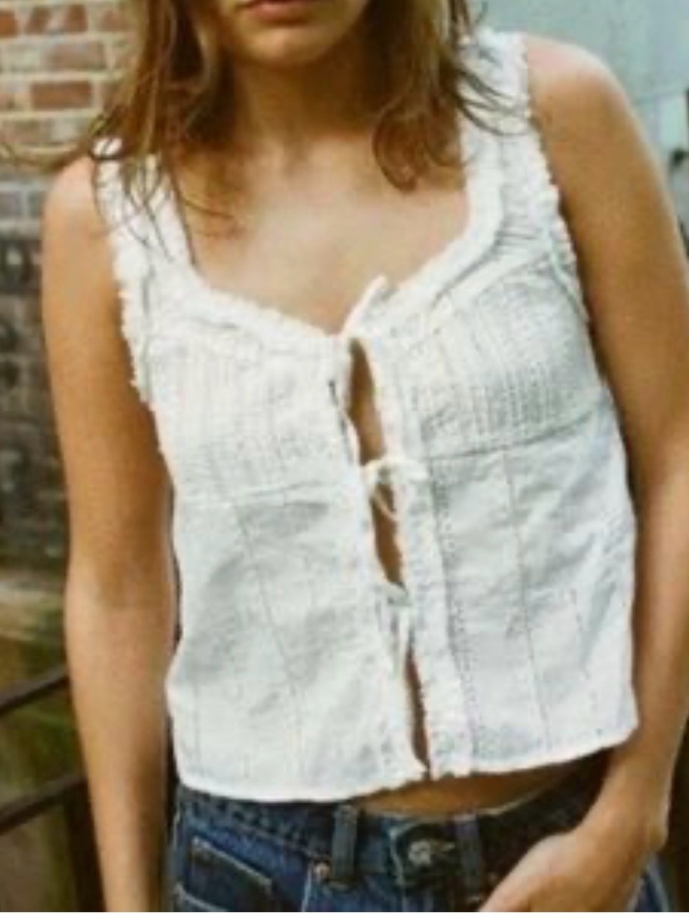 Zara Cream Eyelet Frayed Lace Tie Front Camisole 100%‎ Cotton Size Medium BNWT